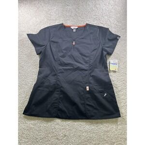 Code‎ Happy Scrub Top Womens Medium Black Zip V-Neck Pockets Certainty Plus